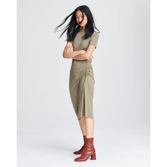 RAG & BONE Ina Ruched Midi Jersey T-Shirt Dress Light Olive Shopbop S NWT $325 - Picture 2 of 13